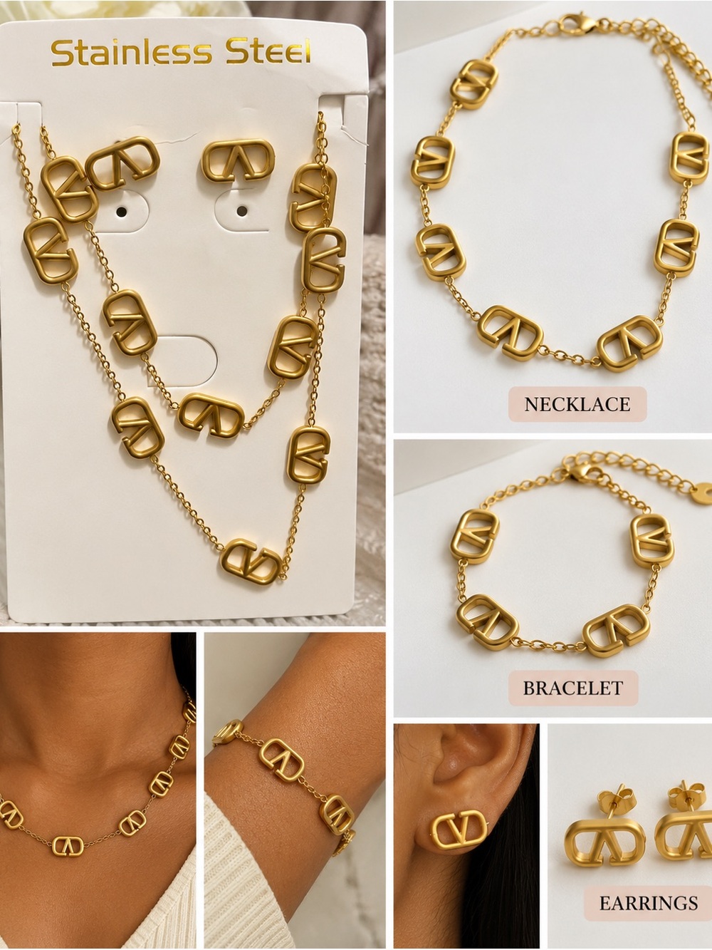 Gold Stainless Steel Linked Logo Jewelry Set - Necklace, Bracelet & Earrings